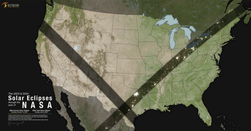 Map of the USA showing the paths of solar eclipses in 2017 and 2024, with highlighted areas of visibility.