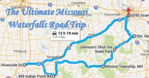 Map showing a road trip route in Missouri, highlighting waterfalls, with a total travel time of 12 hours and 19 minutes.