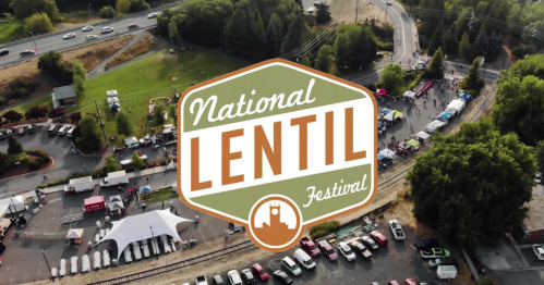 Aerial view of the National Lentil Festival with food stalls and a busy road in the background.