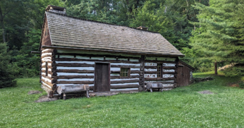 A rustic log cabin surrounded by lush greenery and trees, featuring a sloped roof and wooden benches outside.