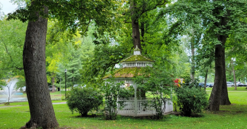 A white gazebo surrounded by lush green trees and bushes in a park setting.