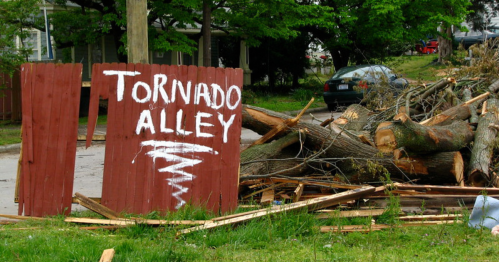 A wooden sign reading "Tornado Alley" next to a pile of fallen trees and debris in a grassy area.