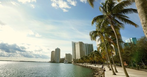 Walking path in Bayfront Park along Biscayne Bay in downtown Miami