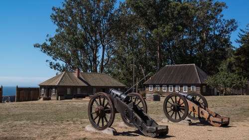 Two historic cannons on a grassy area, with wooden buildings and trees in the background under a clear blue sky.