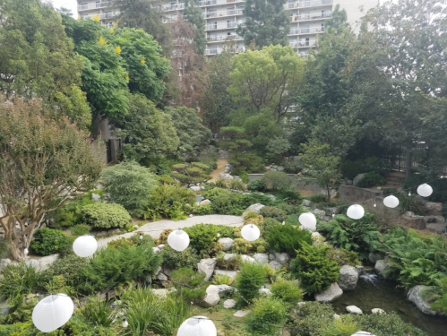 Lush garden with winding paths, greenery, rocks, and white lanterns hanging above a serene pond.