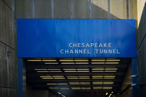 Sign for the Chesapeake Channel Tunnel, featuring bold white letters on a blue background.