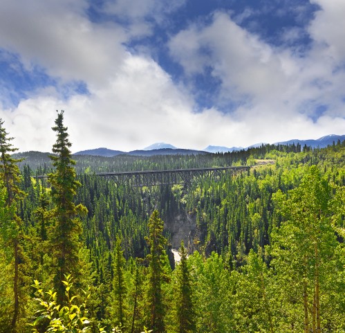 A scenic view of a lush green valley with a bridge spanning across, under a partly cloudy sky.