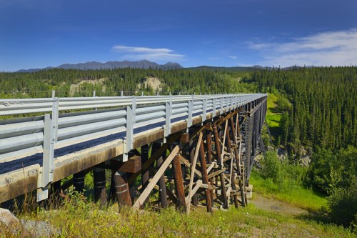 A wooden bridge spans a lush green landscape, with mountains in the background under a clear blue sky.