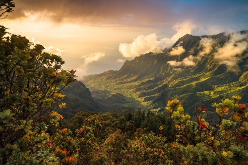 A breathtaking mountain landscape at sunset, with lush greenery and clouds illuminating the sky.