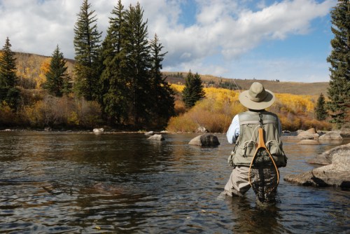 A person fishing in a river surrounded by trees and autumn foliage under a partly cloudy sky.
