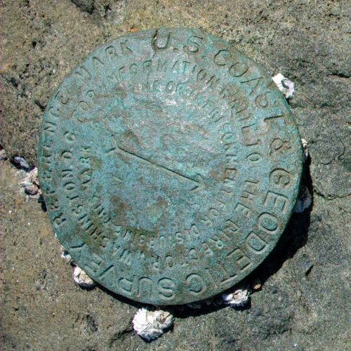 A weathered U.S. Coast & Geodetic Survey marker embedded in a rocky surface, surrounded by small barnacles.