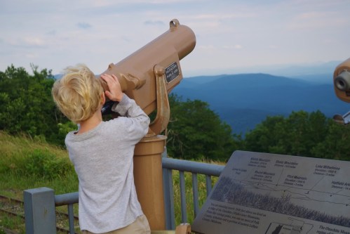 A child looks through a telescope at a scenic mountain view, with informational signage nearby.