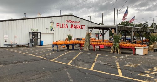 Exterior of Collingwood Flea Market with pumpkins displayed outside and American flags in the background.