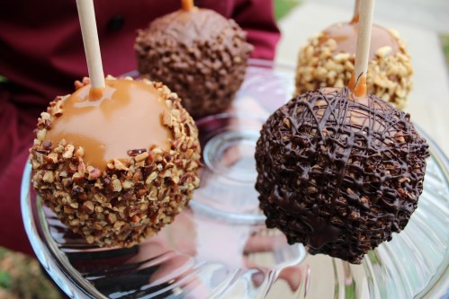 A platter of caramel apples coated in nuts and chocolate, held by a person in a maroon shirt.