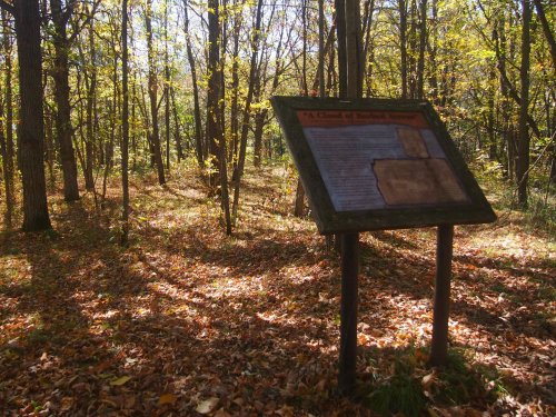 A wooden sign in a forest clearing surrounded by autumn foliage and dappled sunlight on the ground.