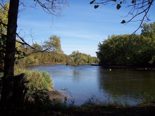 A serene river scene surrounded by trees, with clear blue skies and gentle ripples on the water's surface.