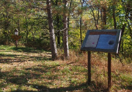Two informational signs in a wooded area, surrounded by trees and fallen leaves, indicating a nature trail.