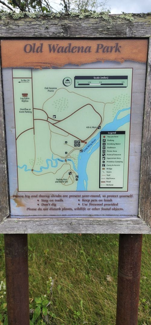 Map of Old Wadena Park, showing trails, water features, and park guidelines for visitors.