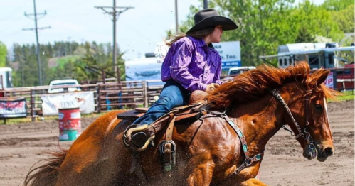 A rider in a purple shirt and cowboy hat races on a brown horse during a rodeo event, with trees and trailers in the background.