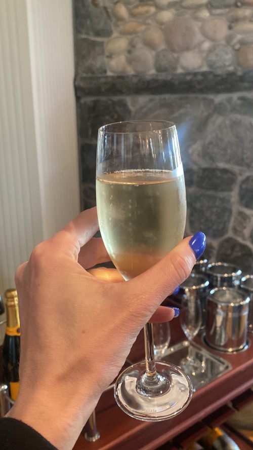 A hand holding a glass of sparkling wine against a stone wall backdrop.