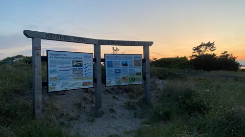 Signage at Napatree Point Conservation Area with sunset in the background, surrounded by grass and trees.