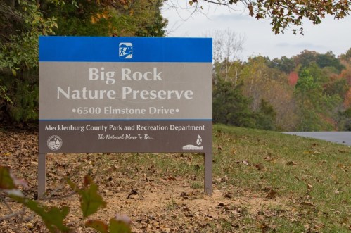Sign for Big Rock Nature Preserve, located at 6500 Elmstone Drive, Mecklenburg County Park and Recreation Department.