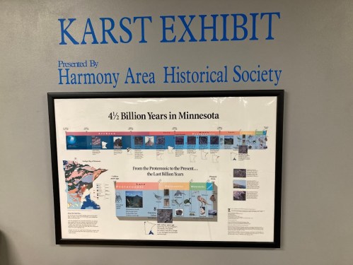 A wall display titled "Karst Exhibit" showcasing Minnesota's geological history over 4.5 billion years.
