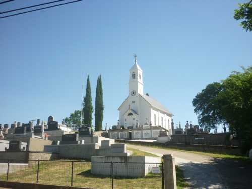 A white church stands on a hill surrounded by a cemetery, with tall trees and a clear blue sky in the background.