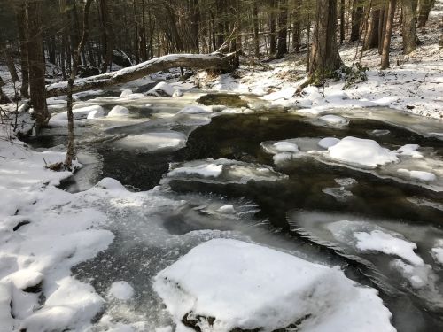 A serene winter scene of a partially frozen creek surrounded by snow-covered trees and rocks.