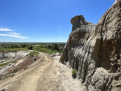 A scenic view of rugged, textured rock formations under a clear blue sky, with a winding dirt path and green landscape.