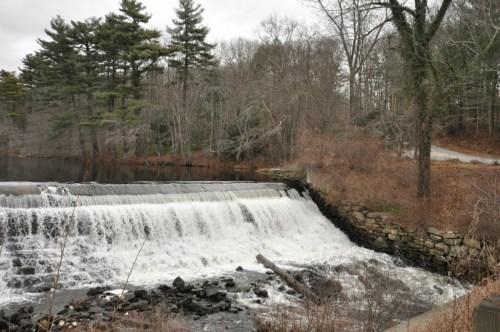 A waterfall cascades over a stone dam, surrounded by bare trees and a cloudy sky.