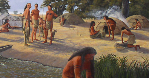 A historical scene depicting Indigenous people engaged in daily activities near a river, with huts and trees in the background.