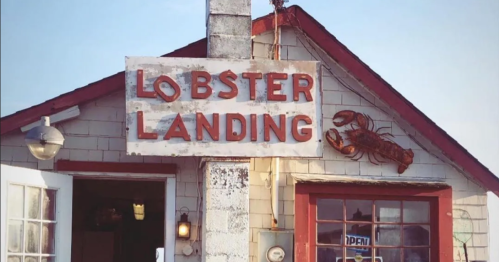 Sign for "Lobster Landing" on a rustic building, featuring a lobster illustration and an open sign in the window.