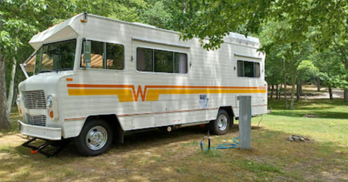 A vintage camper van parked in a grassy area surrounded by trees.