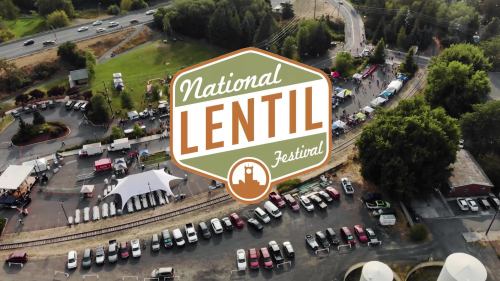 Aerial view of the National Lentil Festival with tents, vendors, and parked cars in a vibrant outdoor setting.
