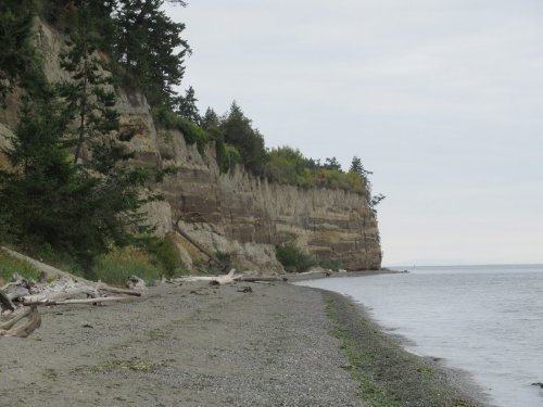 A rocky beach with a steep cliff and trees, under a cloudy sky, along a calm body of water.
