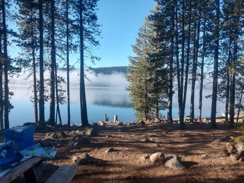 A serene lake surrounded by tall trees, with mist rising from the water on a clear morning.