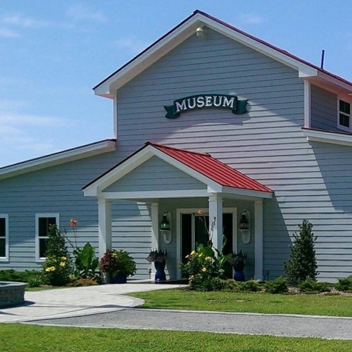 A gray building with a red roof and sign reading "MUSEUM," surrounded by greenery and flowers on a sunny day.
