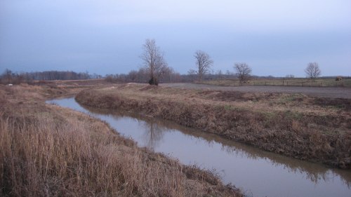 A calm river flows through a grassy landscape under a cloudy sky, with bare trees lining the banks.