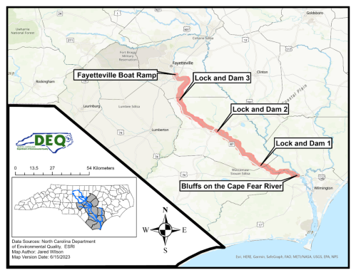 Map of the Cape Fear River, highlighting locks, boat ramp, and bluffs in North Carolina.