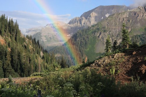 A vibrant rainbow arcs over a lush mountain landscape, surrounded by tall trees and rocky peaks.