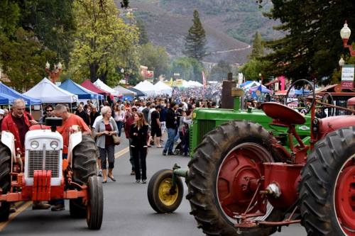 A busy street fair with crowds, vintage tractors, and colorful tents under trees and mountains in the background.