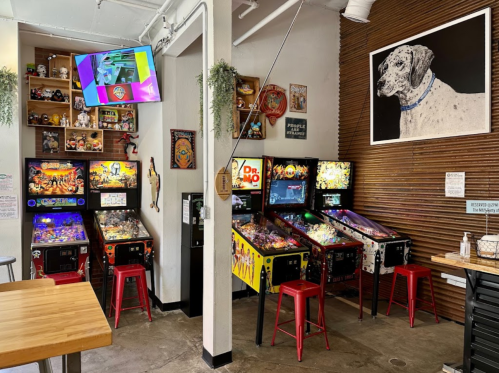 A vibrant arcade with pinball machines, colorful decor, and a large dog portrait on the wall.