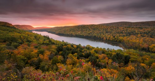 Sunset over Lake of the Clouds at Porcupine Mountains Wilderness State Park in Ontonagon, Michigan.