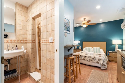 Cozy room with a bed, kitchenette, and a bathroom featuring a shower and sink, decorated in warm tones.