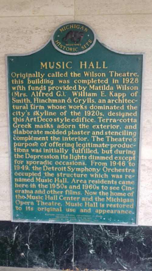 Historic plaque detailing the Music Hall's history, architecture, and significance since its completion in 1928.