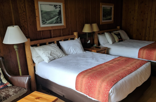 Cozy hotel room with two beds, wooden walls, a lamp, and framed landscape pictures.