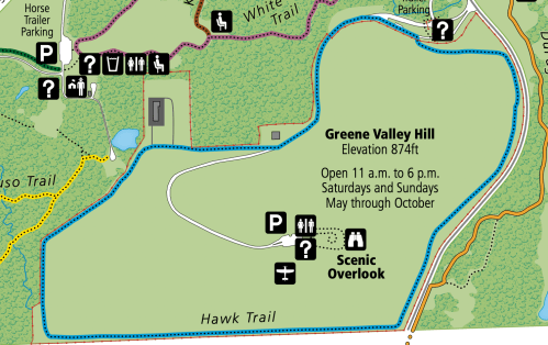 Map of Greene Valley Hill, showing trails, parking, and facilities. Open Saturdays and Sundays, May to October.