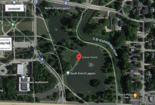 Map view highlighting Geese Island in a park, surrounded by water and pathways, with nearby buildings and streets.