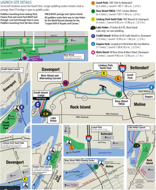 Map of launch sites and paddling routes across the Quad Cities, including locations in Davenport and Bettendorf.